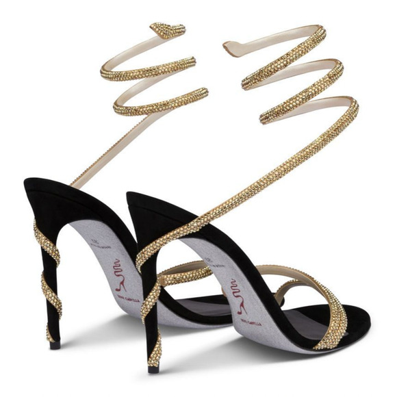 Rene Caovilla Margot Black Gold Crystal Ankle Wrap Strap Sandal Heel Pump 37 - Picture 10 of 12